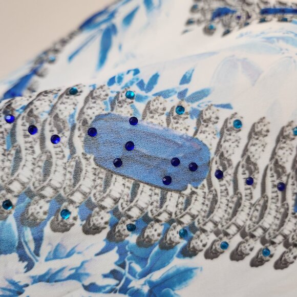 ASA Kaftans Beaded Jewel Caftan Top Tassel-Hem V-Neck Chiffon Blue White - Picture 5 of 12